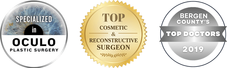 Three badges: specialized in Oculo Plastic Surgery, top Cosmetic and reconstructive surgeon, and Top Doctor 2019 (Bergen County).